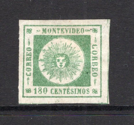 URUGUAY - 1859 - CLASSIC ISSUES: 180c green 'Montevideo' SUN issue, thin figures of value, a fine mint copy with gum, four large margins. (SG 12)  (URU/3435)