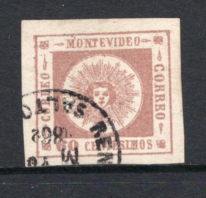 URUGUAY - 1860 - CLASSIC ISSUES: 60c pale brown lilac 'Montevideo' SUN issue, fine Impression, thick figures of value, a fine used copy with part SALTA cds dated 1862, four large margins. Superb. (SG 14)  (URU/3444)