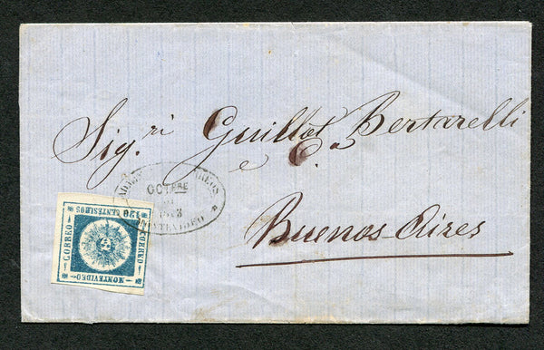 URUGUAY - 1863 - CLASSIC ISSUES: Cover franked with fine 1860 120c deep blue 'Montevideo' SUN issue, thick figures of value (SG 18b) with three large margins, just touching at top left tied by oval ADMON DE CORREOS MONTEVIDEO cancel in black dated OCT 1863. Addressed to BUENOS AIRES, ARGENTINA. A lovely clean cover.  (URU/34552)