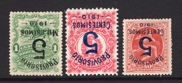 URUGUAY - 1910 - VARIETY: 'PROVISORIO 5 CENTESIMOS 1910' overprint issue, the set of three fine mint all with variety OVERPRINT INVERTED. (SG 294a/296a)  (URU/36773)