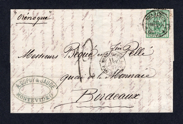 URUGUAY - 1877 - NUMERAL ISSUE: Cover with manuscript 'Orenoque' ship endorsement at top franked with single 1866 10c green 'Numeral' issue. perf 12½ - 13½ (SG 34) tied by fine strike of MONTEVIDEO cds dated 11 ENERO 1877. Addressed to FRANCE with octagonal MONTEVIDEO PAQ FR. J NO. 3 French maritime cds alongside. Addressed to FRANCE and rated '19' decimes on front with arrival cds on reverse. Very attractive.  (URU/41866)