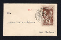 URUGUAY - 1935 - RATE: Small unsealed business card envelope franked with 1935 5m chocolate 'Visit of President Vargas of Brazil' issue (SG 747) tied by CORREO SUCURSAL No.2 (Montevideo) cds dated 25 VI 1935. Addressed to LAS PIEDRAS.  (URU/42136)