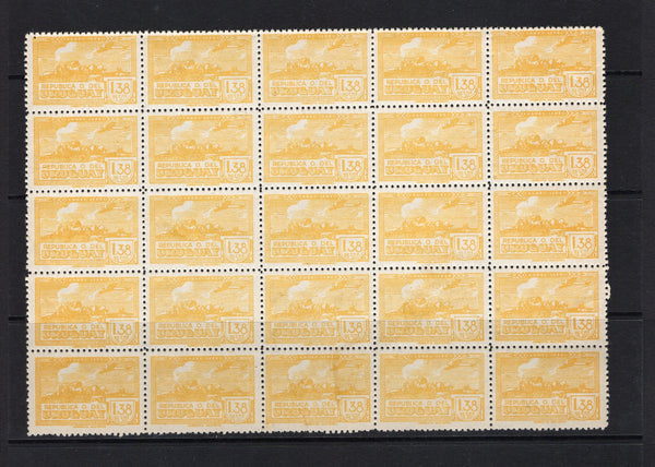 URUGUAY - 1939 - FORGERY: 1p 38c yellow orange 'La Carreta' AIR issue FORGERY, a mint block of twenty five with gum. (As SG 825)  (URU/42196)