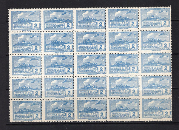 URUGUAY - 1939 - FORGERY: 2p blue 'La Carreta' AIR issue FORGERY, a mint block of twenty five with gum. (As SG 826)  (URU/42197)