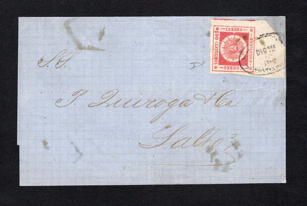 URUGUAY - 1862 - CLASSIC ISSUES: Cover franked with a top marginal 1860 100c carmine 'Montevideo' SUN issue with thick figures of value (SG 17, Stamp Type 2) a fine copy with four large margins tied by oval MONTEVIDEO cancel dated DICBR 1862. Addressed to SALTO. Cover has a couple of grease marks on front but otherwise a rare  stamp used on cover. Expertised 'Diaz' on front & reverse.  (URU/42372)