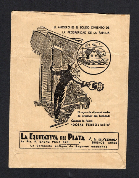URUGUAY - 1957 - RAILWAY THEMATIC & ADVERTISING: Official printed 'Ministerio de Transportes de la Nacion F.N.G. Roca' TRAFICO envelope with illustrated TRAIN & Conductor advert in black on reverse inscribed in Spanish 'Savings are the solid foundation of family prosperity. Life insurance is the means to preserve that goal. Learn about the Railroad Endowment Policy.' used with manuscript notations on front.  (URU/43056)