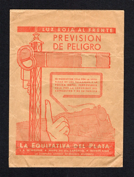 URUGUAY - 1957 - RAILWAY THEMATIC & ADVERTISING: Official printed 'M. T. N. F. C. General Roca. Empresa Nacional de Transportes' TRAFICO envelope with illustrated TRAIN & Signal advert on reverse in red inscribed in Spanish 'Red Light Ahead. Danger Ahead. The driver is ensuring the safety of passengers and the railway personnel. Ensure the safety of the driver and his family.' used with manuscript notations on front.  (URU/43057)