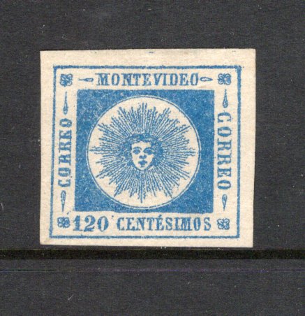 URUGUAY - 1860 - CLASSIC ISSUES: 120c blue 'Montevideo' SUN issue, thick figures of value, a fine unused copy, four large margins. (SG 18)  (URU/43078)