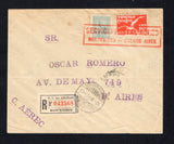URUGUAY - 1926 - FIRST FLIGHT: Registered cover franked with 1924 10c turquoise green 'Lapwing' issue and 1926 10c red 'Albatross' AIR issue (SG 456 & 496) tied by large boxed 'SERVICIO POSTAL AEREO MONTEVIDEO - BUENOS AIRES' cachet in red with registration label alongside tied by MONTEVIDEO cds dated 17. V. 1926. Flown on the Montevideo - Buenos Aires, Argentina first flight of the 19th May. Addressed to ARGENTINA with arrival cds dated 19 MAY 1926 on reverse. Uncommon flight. (Muller #18, rated 1500pts) 