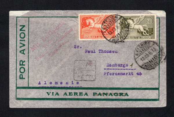 URUGUAY - 1933 - AIRMAIL: Commercial airmail cover franked with 1930 2c bronze green and 60c vermilion 'Pegasus' issue (SG 660 & 670) tied by MONTEVIDEO cds's dated 29. II. 1933 with boxed airmail rate calculation marking alongside. Addressed to GERMANY with light strike of German 'Mit Luftpost' marking in red on front and PARIS FRANCE transit cds on reverse.  (URU/43120)