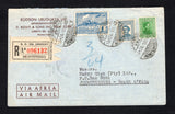 URUGUAY - 1945 - DESTINATION: Registered airmail cover franked with 1928 3c green, 1939 15c dull blue and 1939 1p blue 'La Carreta' issue (SG 547, 812 & 823) tied by MONTEVIDEO cds's dated 24.- VII 1945 with printed registration label alongside. Addressed to SOUTH AFRICA with MIAMI USA transit cds on reverse.  (URU/43122)