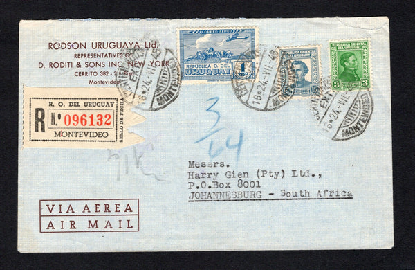 URUGUAY - 1945 - DESTINATION: Registered airmail cover franked with 1928 3c green, 1939 15c dull blue and 1939 1p blue 'La Carreta' issue (SG 547, 812 & 823) tied by MONTEVIDEO cds's dated 24.- VII 1945 with printed registration label alongside. Addressed to SOUTH AFRICA with MIAMI USA transit cds on reverse.  (URU/43122)