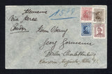 URUGUAY - 1939 - ARTIGAS ISSUE: Airmail cover franked with 1928 12c indigo engraved 'Artigas' issue, 1936 20c cinnamon and 50c grey brown litho 'Artigas' issue and 1939 5c chocolate 'Artigas' issue with white background (SG 555, 769, 772 & 809) all tied by light strike of RINCON DE BONETE cds dated 16 MAY 1939. Addressed to GERMANY with MONTEVIDEO transit cds on reverse. The 50c is uncommon used on cover.  (URU43527)