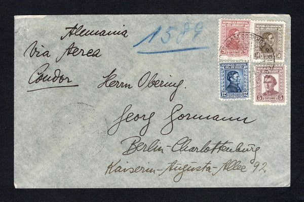 URUGUAY - 1939 - ARTIGAS ISSUE: Airmail cover franked with 1928 12c indigo engraved 'Artigas' issue, 1936 20c cinnamon and 50c grey brown litho 'Artigas' issue and 1939 5c chocolate 'Artigas' issue with white background (SG 555, 769, 772 & 809) all tied by light strike of RINCON DE BONETE cds dated 16 MAY 1939. Addressed to GERMANY with MONTEVIDEO transit cds on reverse. The 50c is uncommon used on cover.  (URU43527)