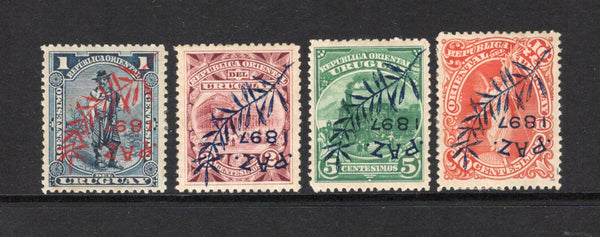 URUGUAY - 1897 - VARIETY: 1c slate blue, 2c purple, 5c green & 10c vermilion with 'PAZ 1897' overprint. The set of four each stamp with variety OVERPRINT INVERTED. (SG 197a, 198a, 199a & 200a)  (URU43601)