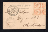 URUGUAY - 1904 - SWISS COLONY: Real photographic sepia PPC with manuscript notation 'Paso de la Tranquera Arroyo Rosario, Nueva Helvetia Octubre 18/04' on message side franked with 4 x 1899 5m orange (SG 218, two stamps folded over the edge of the card) tied by fine strike of N.HELVECIA cds dated 19 OCT 1904 with fine second strike alongside. Addressed internally to MONTEVIDEO with arrival cds on front.  (URU43604)