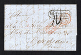 URUGUAY - 1851 - BRITISH POST OFFICES & TRANSATLANTIC MAIL: Stampless folded letter from MONTEVIDEO endorsed 'Pr steamer' with boxed 'Edmd Barthold & Co MONTEVIDEO' firms cachet on front and MONTEVIDEO British Post Office cds dated MY 31 1851 on reverse. Addressed to FRANCE with boxed 'COLONIES ART 13' marking and handstruck '90' decimes rate marking on front plus various other British and French transit & arrival marks on front & reverse.  (URU43784)