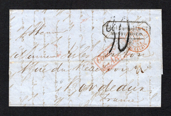 URUGUAY - 1851 - BRITISH POST OFFICES & TRANSATLANTIC MAIL: Stampless folded letter from MONTEVIDEO endorsed 'Pr steamer' with boxed 'Edmd Barthold & Co MONTEVIDEO' firms cachet on front and MONTEVIDEO British Post Office cds dated MY 31 1851 on reverse. Addressed to FRANCE with boxed 'COLONIES ART 13' marking and handstruck '90' decimes rate marking on front plus various other British and French transit & arrival marks on front & reverse.  (URU43784)