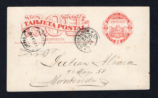 URUGUAY - 1882 - POSTAL STATIONERY: 2c + 2c red postal stationery replycard (H&G 6, reply half only) used with COLONIA cds dated 27 OCT 1882. Addressed to MONTEVIDEO with arrival cds on front.  (URU43846)