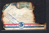 URUGUAY - 1938 - CRASH MAIL: Heavily burned and damaged airmail cover franked with Uruguayan stamps tied by MONTEVIDEO cds's and addressed to UK. Flown on the Air France airplane 'Ville de Toulouse' which crashed into a mountain in the Pyrenees killing all crew and passengers. The cover has a four line handstamp reading 'CORRESPONDANCE AVION, retardee et deterioree, par suite de l'accident aerien, survenu le 23 MARS 1938' struck in blue on front. Scarce.  (URU44716)