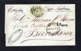 URUGUAY - 1872 - NUMERAL ISSUE: Cover with oval 'CARRAU Y COMPANIA MONTEVIDEO' company handstamp in corner franked with 1866 10c yellow green 'Numeral' issue (SG 34a) tied by barred 'A' cancel of MONTEVIDEO with CORREO MONTEVIDEO cds alongside dated 16 OCT 1872. Addressed to SPAIN with manuscript 'Via Lisboa' at top with P.TRANSATLANTICO cds in black on reverse, and small straight line '1 PESETA' marking applied on arrival on front of cover with various other transit & arrival cds's on reverse. Very fine &