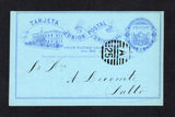 URUGUAY - 1883 - POSTAL STATIONERY: 3c blue on blue postal stationery card (H&G 18) used with good strike of barred 'A25' cancel in black of MONTEVIDEO. Addressed to SALTO with full commercial message on reverse. A scarce card in used condition.  (URU45526)