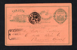URUGUAY - 1886 - POSTAL STATIONERY: 3c blue on salmon postal stationery card (H&G 15) used with MONTEVIDEO cds dated 6 MARZO 1886. Addressed to ARGENTINA with arrival cds in purple on reverse and boxed 'DF DE ABONADOS' marking on front and full commercial message on reverse. A scarce card in used condition.  (URU45528)