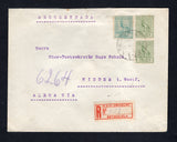 URUGUAY - 1927 - REGISTRATION & CHILEAN LAPWING ISSUE: Registered cover franked with 1924 10c turquoise green and 1926 pair 3c grey green 'Chilean Lapwing' BIRD issue (SG 456 & 508) tied by ESTANZUELA 'F29' horseshoe cds dated 20 AGO 1927 with printed red on white 'ESTANZUELA' registration label on front. Addressed to GERMANY with transit & arrival cds's on reverse.  (URU45773)