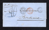 URUGUAY - 1870 - MARITIME & TRANSATLANTIC MAIL: Complete folded letter with oval 'F. DECAZES & CIE MONTEVIDEO' company handstamp in blue on front with small CORREO MONTEVIDEO cds dated 1 MAY 1870 alongside and manuscript 'P Amazone' ship endorsement. Addressed to FRANCE with fine strike of octagonal 'MONTEVIDEO PAQ. FR. J. NO.3' French maritime cds and additional 'BRESIL BORDEAUX' French maritime cds in red alongside. Rated '40 decimes' on arrival with arrival cds on reverse. Unusual use across two differe