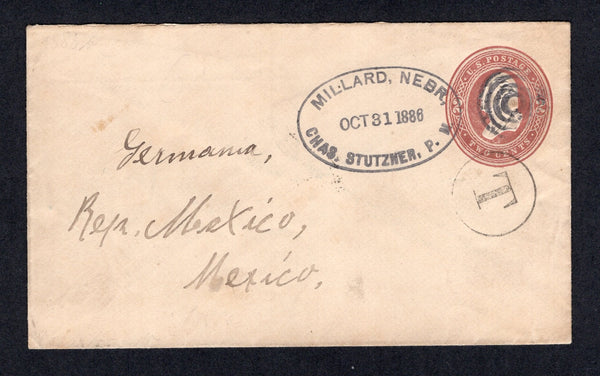 UNITED STATES OF AMERICA - 1886 - CANCELLATION & DESTINATION: 2c brown on white postal stationery envelope (H&G B250) used with superb strike of oval MILLARD, NEBR, CHAS. STUTZNER, P.M. cancel in black dated OCT 31 1886 with large 'T' in circle tax mark alongside. Addressed to 'Germania, Rep. Mexico, Mexico' with EL PASO TEX transit cds dated NOV 5 1886 on reverse along with partial strike of MEXICO D.F. arrival cds. An unusual item.  (USA/41747)