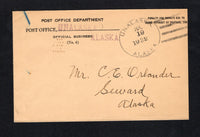 UNITED STATES OF AMERICA - 1932 - ALASKA & CANCELLATION: Stampless P.O. Department penalty envelope with 'UNALASKA' handstamp in violet at top used with fine UNALASKA ALASKA cds dated JUL 19 1932. Addressed to SEWARD.  (USA/42117)