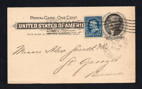 UNITED STATES OF AMERICA - 1898 - DESTINATION: 1c black on light buff postal stationery card (H&G 15) used with added 1894 1c Prussian blue (SG 251a) tied by NEW YORK machine cancel dated MAR 10 1898. Addressed to ST. GEORGES, BERMUDA with ST. GEORGES arrival cds on front.  (USA/42166)