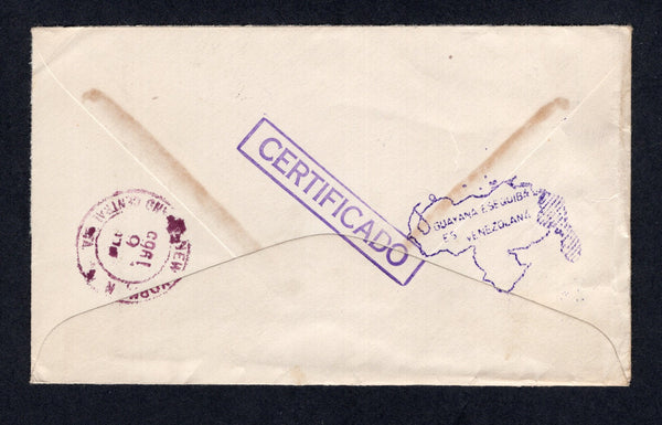 VENEZUELA - 1965 - PROPAGANDA: Registered cover franked with single 1956 1b reddish purple (SG 1418) tied by SILENCIO cds with boxed registration marking alongside. Addressed to USA with boxed 'CERTIFICADO' marking on reverse and fine strike of GUAYANA ESEQUIBA ES VENEZOLANA 'Map' propaganda cachet showing the disputed territory shaded and as part of Venezuela. Very scarce.  (VEN/10943)