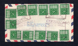VENEZUELA - 1956 - POSTAL FISCALS, CANCELLATION & REGISTRATION: Airmail cover franked with twelve copies of 1956 5c green 'Timbre Fiscal' REVENUE issue tied by multiple strikes of boxed GUIRIA ESTADO SUCRE cancel with straight line 'CERTIFICADO' with handstruck registration number. Addressed to USA with boxed OFICINA DE CAMBIO AEROPUERTO DE MAIQUETIA transit mar and USA arrival cds's on reverse.  (VEN10947)