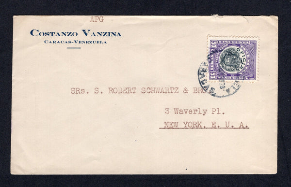 VENEZUELA - 1920 - OFFICIAL MAIL: Headed 'Costanzo Vanzina Caracas Venezuela' cover with typed 'APG' at top franked with 1912 50c black & violet 'Official' issue (SG O357) tied by CARACAS cds. Addressed to USA. No indication of official use.  (VEN/10958)