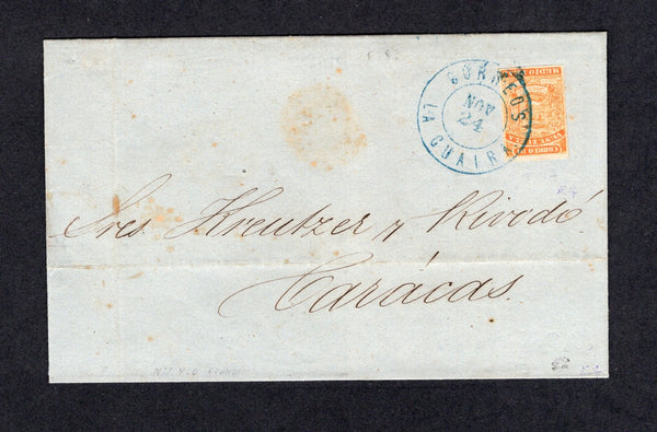 VENEZUELA - 1862 - CLASSIC ISSUES: Cover franked with 1859 ½r red orange 'First Issue' (SG 7) a fine four margin copy tied by CORREOS LA GUAIRA cds in blue. Addressed to CARACAS. Very attractive.  (VEN/18815)