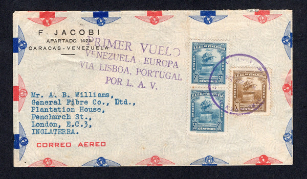 VENEZUELA - 1946 - FIRST FLIGHT: Airmail cover franked with 1940 20c bistre brown and pair 50c blue (SG 630 & 635) tied by CARACAS cds dated MAY 22 1946. Flown on the Venezuela - Europe first flight by Línea Aeropostal Venezolana with fine strike of four line 'PRIMER VUELO VENEZUELA - EUROPA VIA LISBOA, PORTUGAL POR L.A.V. Addressed to UK with LISBON arrival cds on reverse. (Unlisted in Muller)  (VEN/21707)
