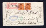 VENEZUELA - 1901 - REGISTRATION: Registered cover franked with pair 1900 50c orange with '1900' overprint (SG 217) tied by CORREOS CARACAS duplex cancels in purple with printed red & white 'VENEZUELA CARACAS' registration label alongside and good strike of octagonal COLON A ST NAZAIRE L. A No.2 French maritime cds. Addressed to GERMANY with arrival cds on reverse.  (VEN24770)