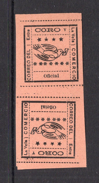 VENEZUELA - 1889 - LOCAL ISSUE - CORO Y LA VELA: 'Oficial' black on salmon local issue for 'CORO Y LA VELA' rouletted in black. A fine unused TETE BECHE pair. Rare. (Hurt & Williams #12)  (VEN/25768)