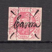 VENEZUELA - 1873 - CLASSIC ISSUES & CANCELLATION: ½r carmine rose with 'Estampillas de correo - Contrasena' overprint (fourth Rasco printing) a fine used copy with lovely 'CARORA' manuscript cancel. Small thin on reverse but rare. (SG 81a)  (VEN/26405)