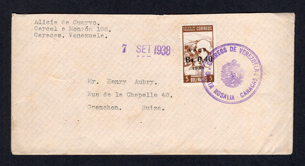 VENEZUELA - 1938 - CANCELLATION: Cover franked with single 1938 40c on 5b brown (SG 536) tied by fine strike of undated SANTA ROSALIA CARACAS 'Arms' cancel in purple with '7 SEP 1938' datestamp alongside. Addressed to SWITZERLAND.  (VEN/26910)