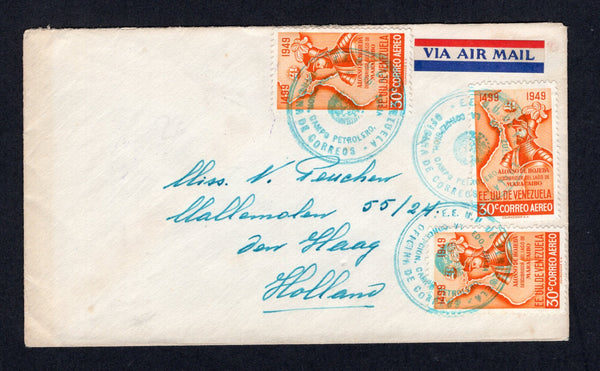 VENEZUELA - 1951 - CANCELLATION & PETROLEUM PRODUCTION: Cover franked with 3 x 1950 30c orange (SG 882) tied by three fine strikes of undated OFICINA DE CORREOS LA CONCEPCION. CAMPO PETROLERO EDO ZULIA 'Arms' cancel in turquoise blue. Sent airmail to HOLLAND with oval MARACAIBO transit mark on reverse. This was the P.O. for the workers at the Petroleum Plant. Uncommon.  (VEN/26911)