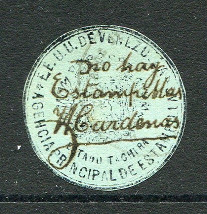 VENEZUELA - 1906 - BOGUS ISSUE: 25c black on blue circular 'Arepitas del Táchira' BOGUS local issue with manuscript 'No Nay Estampillas' and signed 'H Cardenas' used with light cds cancel. Uncommon.  (VEN/27169)