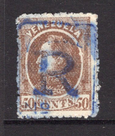 VENEZUELA - 1880 - FOREIGN MAIL ISSUE: 50c brown 'Foreign Mail' issue second printing on thick paper, Transfer Type 5, a superb used copy with full strike of boxed 'R' registration cancel in blue. Scarce. (SG 110)  (VEN/3855)