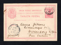 VENEZUELA - 1899 - USED IN TRINIDAD: 10c rose red on cream postal stationery card (H&G 8a) datelined 'Cd Bolivar 20. IV. 99' on reverse forwarded to Trinidad & Tobago by hand or by boat and cancelled by PORT OF SPAIN TRINIDAD cds dated JUN 22 1899. Addressed to GERMANY with the message reading in part 'we now have a stable connection with Trinidad again'.  (VEN/42098)