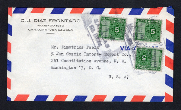 VENEZUELA - 1950 - PROVISIONAL ISSUE: Airmail cover franked with 3 x 1947 5c green 'Postal Fiscal' issue with small 'CORREOS DE VENEZUELA' handstamp in black (SG 774) tied by boxed CARACAS cancels in black dated NOV 3 1948. Addressed to USA. Uncommon issue on cover.  (VEN/42104)