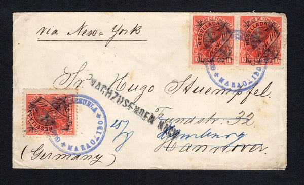 VENEZUELA - 1900 - RESELLADA OVERPRINT ISSUE: Cover franked with pair & single 1900 10c vermilion 'Bolivar' issue with 'RESELLADA R.T.M.' overprint issue (SG 200) plus an uncancelled pair on reverse with undated MARACAIBO cancels in blue tying the stamps on the front of the cover. Addressed to GERMANY with USA transit and German arrival marks on reverse. Cover has a few light tones.  (VEN/42105)