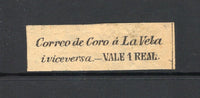 VENEZUELA - 1867 - LOCAL ISSUE - CORO Y LA VELA & BOGUS ISSUE: Black on yellow paper BOGUS 'Typeset' local issue with plain borders inscribed 'Correo de Coro a la Vela i viceversa - VALE 1 REAL.', a very fine unused example with four large margins.  (VEN/42262)