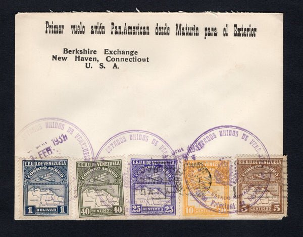 VENEZUELA - 1931 - FIRST FLIGHT: Cover with printed 'Primer vuelo avion Pan. American desde Maturin para el Exterior' at top franked with 1930 5c brown, 10c orange yellow, 25c bright violet, 40c bronze green and 1b slate blue AIR issue (SG 395, 396, 398, 399 & 401) tied by large MATURIN ESTADO MONAGAS 'Arms' cancels with '13 FEB 1931' date handstamps. Flown on the MATURIN - PORT OF SPAIN, TRINIDAD first flight. Addressed to USA with PORT-OF-SPAIN TRINIDAD arrival cds on reverse. Uncommon. (Muller 62, only 