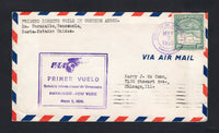 VENEZUELA - 1930 - FIRST FLIGHT: Airmail cover with typed 'Primer Directo Voilo de Correos Aereo De Maracaibo, Venezuela, Hasta-Estados Unidos.' on front franked with single 1930 1b 90c blue green AIR issue (SG 404) tied by MARACAIBO cds dated MAY 7 1930. Flown on the Maracaibo - Cristobal, Canal Zone leg of the flight with boxed 'PAA PRIMER VUELO SERVICIO INTERNACIONAL DE VENEZUELA MARACAIBO - NEW YORK MAYO 7, 1930' first flight cachet in purple on front. Addressed to USA with CRISTOBAL, CANAL ZONE arriva